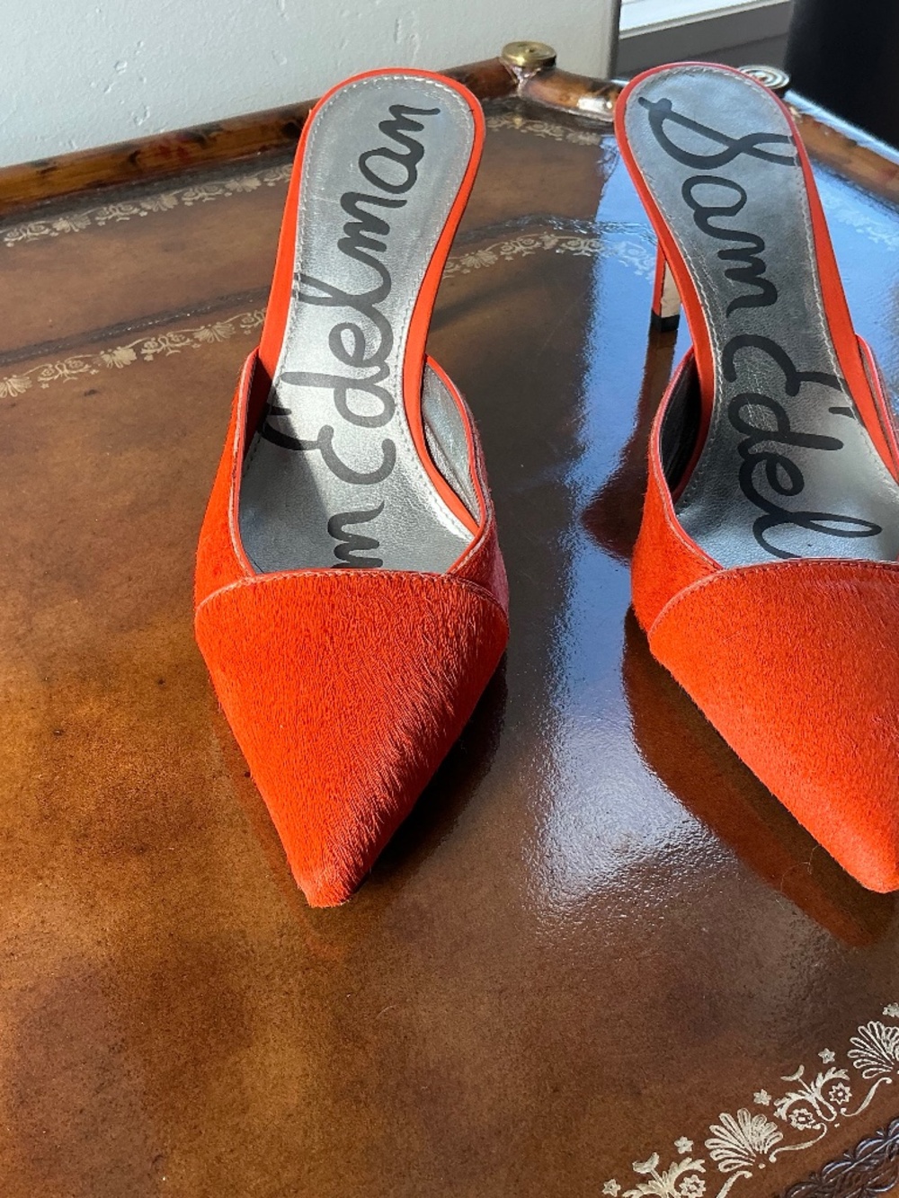 Sam Edelman Odelia Orange Calf Hair Mules Size 8.5M